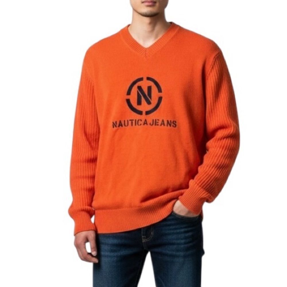 Vintage Y2K Nautica V-Neck Sweater in Orange With Dark Blue Embroidered Logo L
